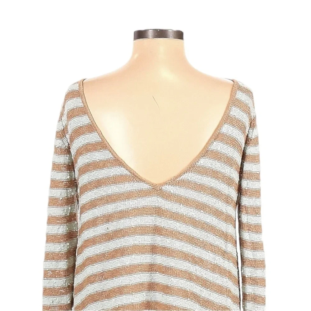 Free People Boucle Knit Flowy Boho Stripe Tan Mint Tunic Sweater Size XS L/S